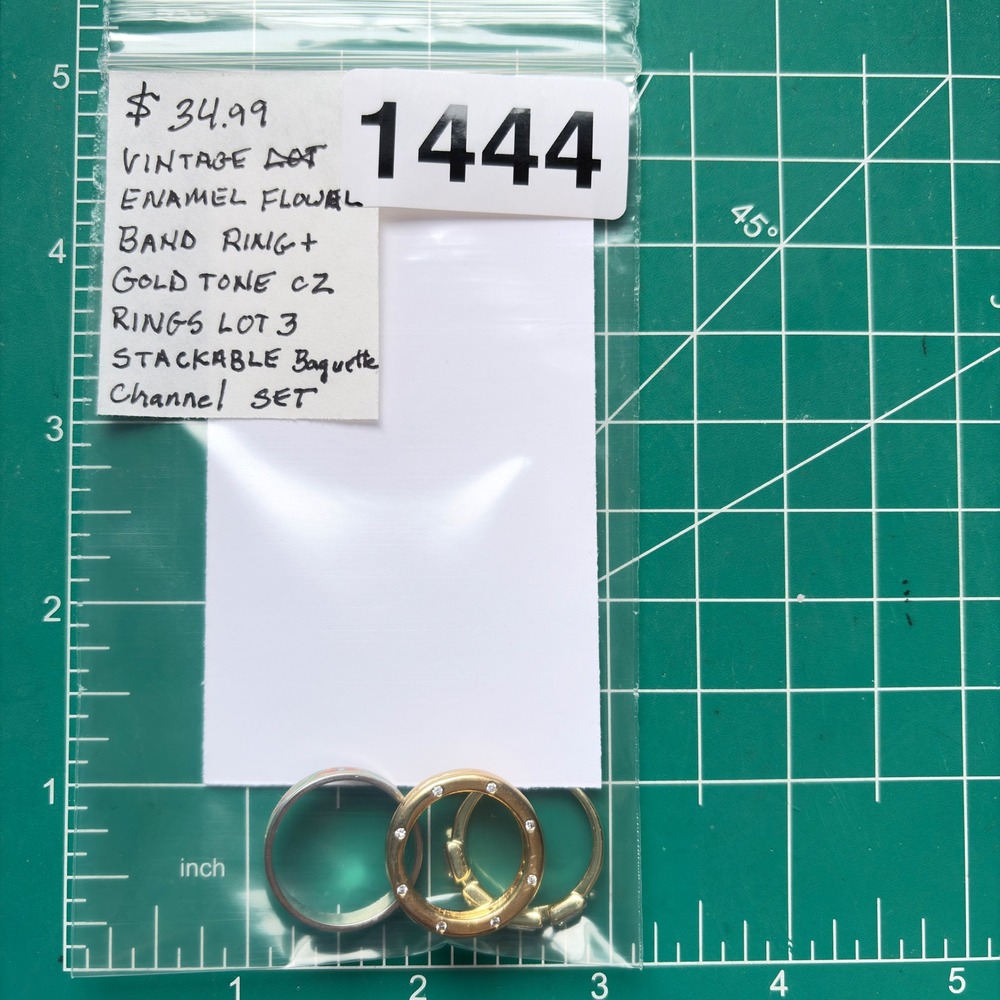 Rings Lot 3 Vintage Enamel Floral Gold‎ Tone CZ Stackable Baguette Channel Set - Picture 8 of 8